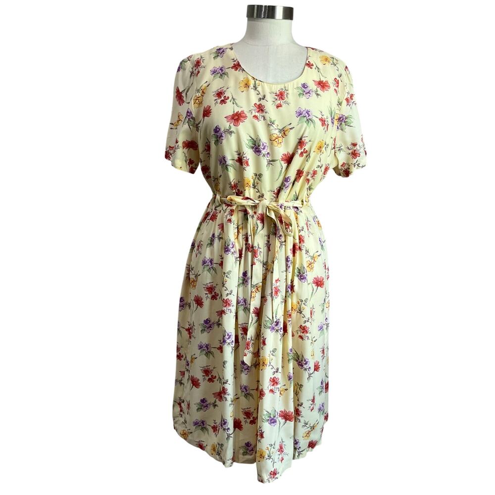 Vintage Karin Stevens Yellow Floral Dress 12 A Line Waist Tie Cottagecore